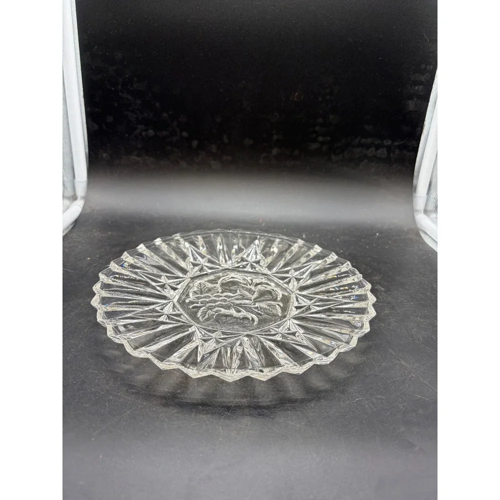 Vintage Pressed Clear Glass Fruit Medallion Plate Scalloped Starburst Edge 8in
